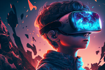 Young boy with the virtual reality glasses is in the metaverse. fictional boy, Using VR Technology Concept.  Generative, virtual reality glasses. Generative AI.