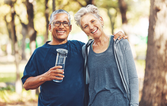 Portrait, Exercise And Senior Couple With Water Bottle For Training, Workout And Park. Mature Man, Old Woman And Hydration For Practice, Cardio And Energy For Wellness, Health And Fitness In Nature