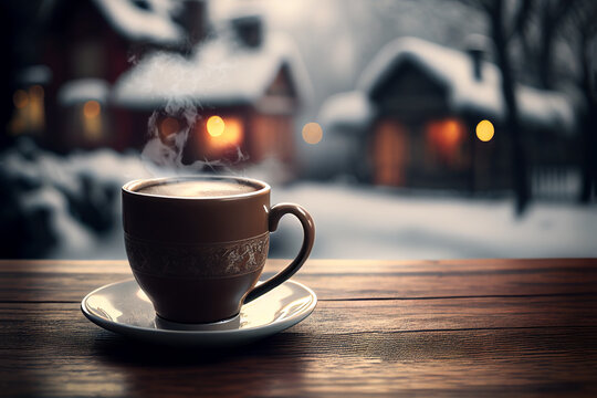 Cup of coffee or tea on a wooden table near a winter window in a cafe. Comfort, winter mood concept. Generative Ai image illustration. 