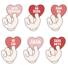 Groovy lovely  stickers hearts in hands with caption. Love concept. Happy Valentines day. Funky happy heart character in trendy retro 60s 70s cartoon style. Vector illustration in pink red colors