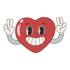 Groovy lovely  stickers heart character is smiling. Love concept. Happy Valentines day. Funky happy heart character in trendy retro 60s 70s cartoon style. Vector illustration in pink red colors