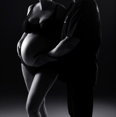 A pregnant couple on a gray background. Black and white photo. Studio pregnancy photo shoot. Pregnant silhouette. Pregnant belly.