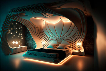 bedroom of the future, a bedroom in a futuristic design. High quality illustration