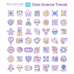 Data science trends RGB color icons set. Information analytics technology. Datalogy innovations. Isolated vector illustrations. Simple filled line drawings collection. Editable stroke