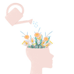 A human hand waters the head from which flowers grow. The concept of psychological help and therapy, mental health care. Metaphorical vector illustration. © Chipolla
