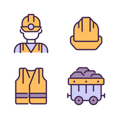 Coal miner protective equipment pixel perfect RGB color icons set. Reflective vest and hardhat. Heavy industry. Isolated vector illustrations. Simple filled line drawings collection. Editable stroke