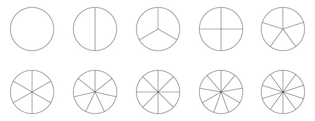 Segment slice icon. Pie chart template. Circle section graph line art. 1,2,3,4,5,6,7,8,9,10 segments infographic. Diagram wheel parts. Geometric element. 