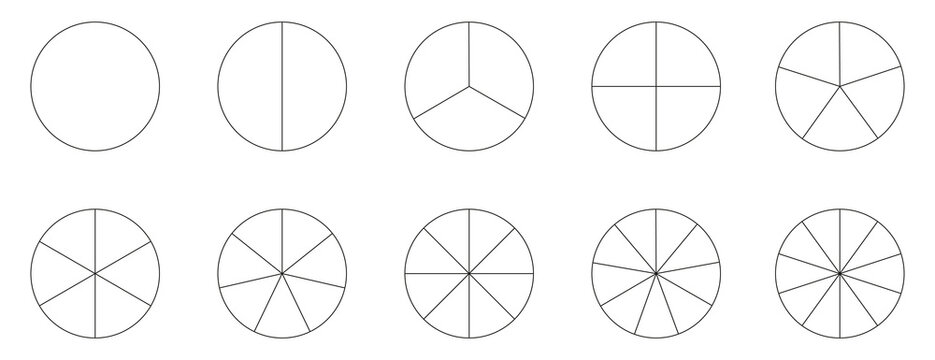 Segment slice icon. Pie chart template. Circle section graph line art. 1,2,3,4,5,6,7,8,9,10 segments infographic. Diagram wheel parts. Geometric element. 