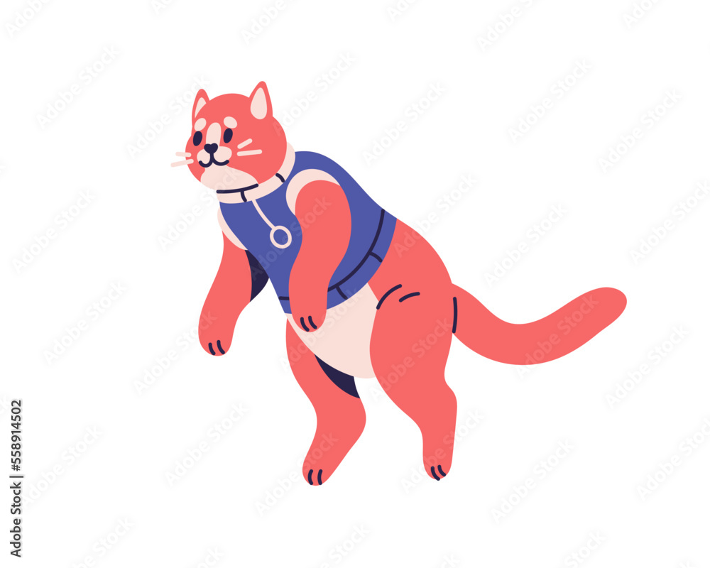 Wall mural cute cat floating in weightlessness. funny feline astronaut flying, soaring in air. weightless adora