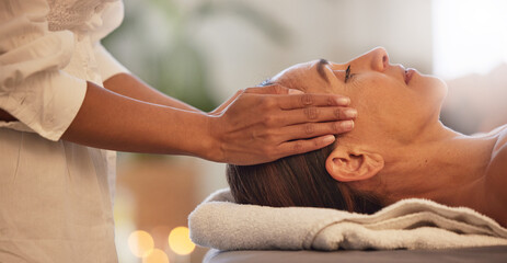 Woman, relax and hands for scalp massage in salon beauty spa for skincare wellness, stress relief...