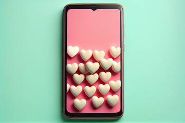 Mockup Smartphone do Dia de São Valentim com corações em fundo verde.