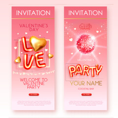 Happy Valentines Day poster with 3D chromic letters, gold love hearts and disco ball. Invitation design. Vector illustration