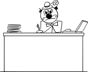 Angry Clown as Boss or Businessman Working in Office, Vector Cartoon Stick Figure Illustration