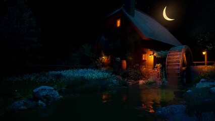 Summer cozy evening near the river, against the background of an old water mill with slowly falling water. The concept of a cozy environment, relaxation, rest and meditation. 3D animation.