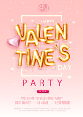 Happy Valentines Day disco party poster with 3D letters and gold love hearts. Vector illustration