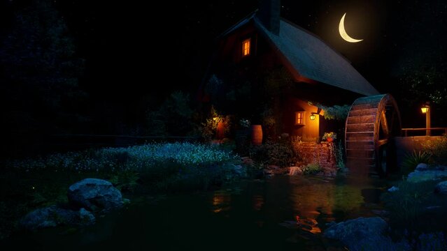 Summer cozy evening near the river, against the background of an old water mill with slowly falling water. The concept of a cozy environment, relaxation, rest and meditation. 3D animation.