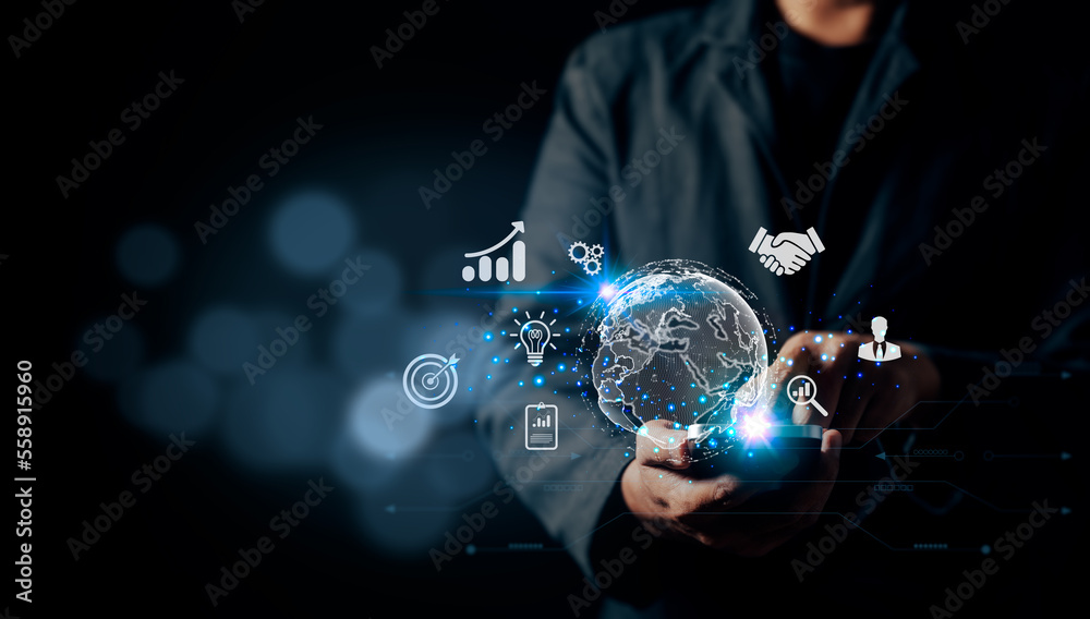 Poster a businessman is using his mobile phone. financial and banking, digital link technology, big data, b