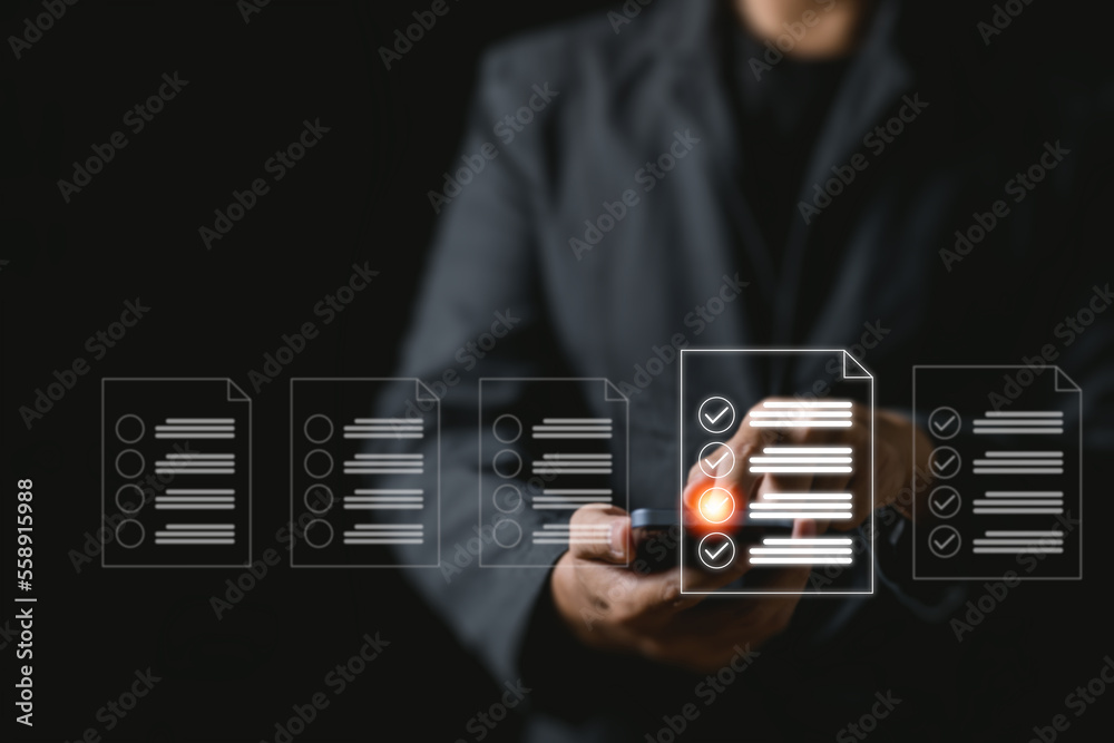 Poster Concept of an online database and document management system. In order to manage files effectively, Check list by smartphone