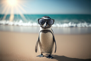 adorable penguin in sunglasses on the beach - obrazy, fototapety, plakaty
