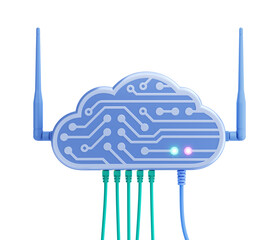 Personal Digital Cloud for a Smart House. A home Wi-Fi router designed in form of an Electronic Cloud with network ethernet cables. 3D rendering graphics isolated on transparent background.