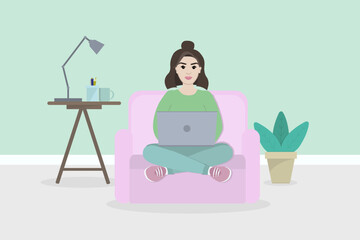 Home office concept, woman working from home sitting on an armchair, student or freelancer.