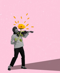 Music and sunflowers. Summer mood. Contemporary art collage. Tender young woman playing violin. Concept of creativity, retro style, music lifestyle, design. © Lustre Art Group 