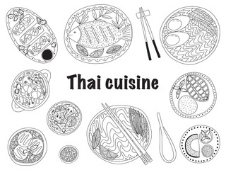 Vector set of Thai cuisine dishes set. Different kinds of Thai food set isolated. 