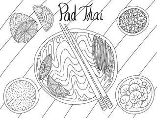 Vector pad Thai noodles sketch. Hand drawn pad thai top table view dish