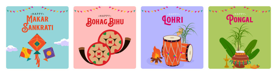 Indian festivals Makar Sankranti, Lohri, Pongal, and Bohag Bihu editable vector illustration social media posts and banners