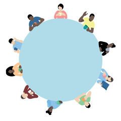 Portraits of people with cups in their hands around a blue circle, a flat vector, isolated on a white, faceless illustration, a cafe concept, people with different skin color