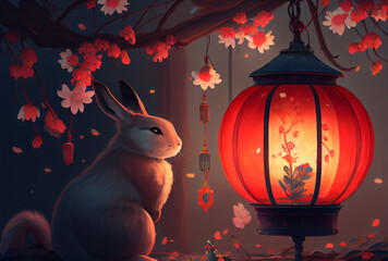 Rabbit with cherry blossom flowers and Chinese lantern style lighting in the night. Digital art. Generative AI