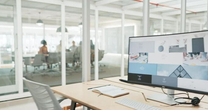 Meeting, collaboration and office with a business team sitting in the boardroom for planning or strategy. Workshop, seminar and teamwork with a man and woman employee group working behind glass