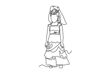 Single one line drawing Sweet girl with wedding dresses. Wedding Concept. Continuous line draw design graphic vector illustration.