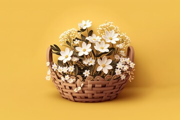 Fototapeta na wymiar White Flowers In Wooden Basket On Yellow Background Generative AI