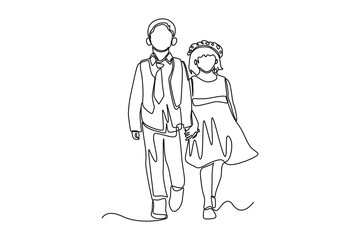 Single one line drawing Cute boy and girl playing Bride and Groom. Wedding Concept. Continuous line draw design graphic vector illustration.