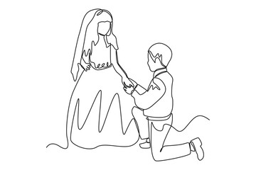 Single one line drawing Cute boy and girl playing Bride and Groom. Wedding Concept. Continuous line draw design graphic vector illustration.