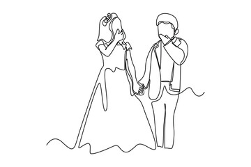 Single one line drawing Cute boy and girl playing Bride and Groom. Wedding Concept. Continuous line draw design graphic vector illustration.
