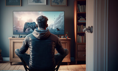 Man playing video games in his room. Back view of a gamer sitting in front of a monitor. Nice natural light and realistic style. Generative ai