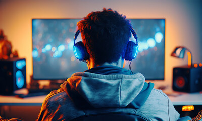 Man playing video games in a futuristic interior. Back view of a gamer sitting in front of a monitor. Colorful blue and orange lights. Generative ai - obrazy, fototapety, plakaty