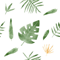 Tropical leaves pattern watercolor. Jungle leaves seamless watercolor background. Monstera, palm leaves. Hand painted illustration isolated on white background. Wedding postcard clip art