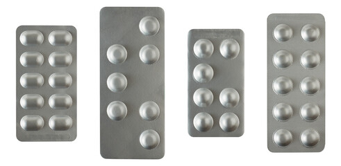 set of silver color blister packs, medical drugs for allergies, antibiotic, pain relievers, different size of packages for tablets isolated