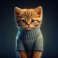 Cute kitten in sweater sitting. Small cat in gray sweater watching. Generative AI illustration.