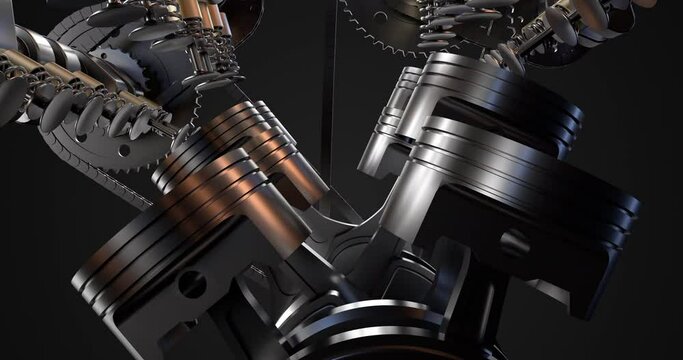 High speed V8 sports car engine in motion. Moving pistons and crankshaft. Camera moving around. Perfect loop.