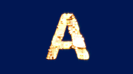 letter A, technologic burning orange cyberpunk alphabet on blue screen, isolated - object 3D illustration