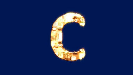 letter C, innovation burning orange cyberpunk font on blue screen, isolated - object 3D rendering