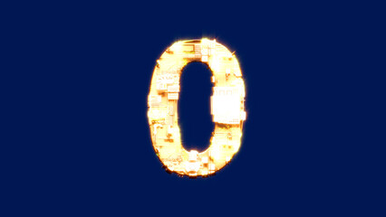 number 0, technological blazing orange cyber punk font on chroma key screen, isolated - object 3D rendering