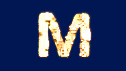 letter M, technologic burning orange cyberpunk font on chroma key screen, isolated - object 3D rendering