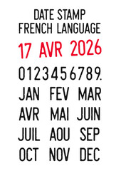 Vector illustration of editable dates stamps in French language (days, months, years)