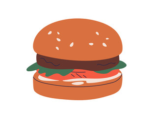 Beef burger, American fast food. Hamburger with meat, vegetables, sauce between buns. Unhealthy snack, sandwich with cutlet, lettuce, tomato. Flat vector illustration isolated on white background