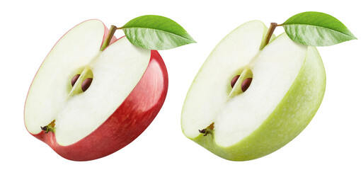 Set of red an green delicious apple halves, isolated on white background